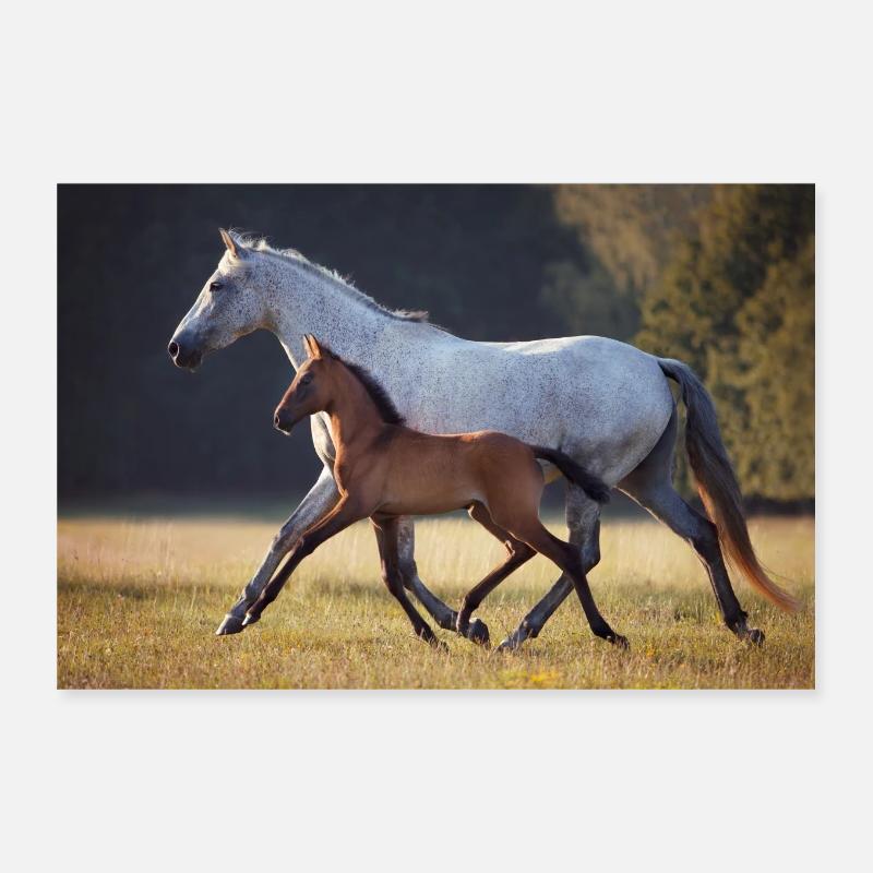 Jument avec poulain dans le paddock à cheval le soir Poster 30 x 20 cm