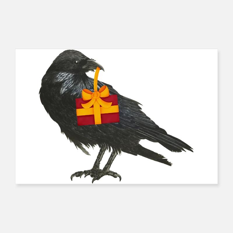 Rabe Krähe mit Geschenk im Schnabel Poster 30x20 cm
