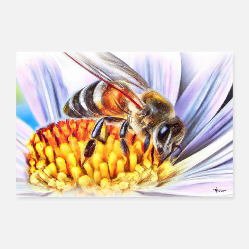 Abeille sur fleur en dessin, poster apiculture - Poster 30 x 20 cm - blanc