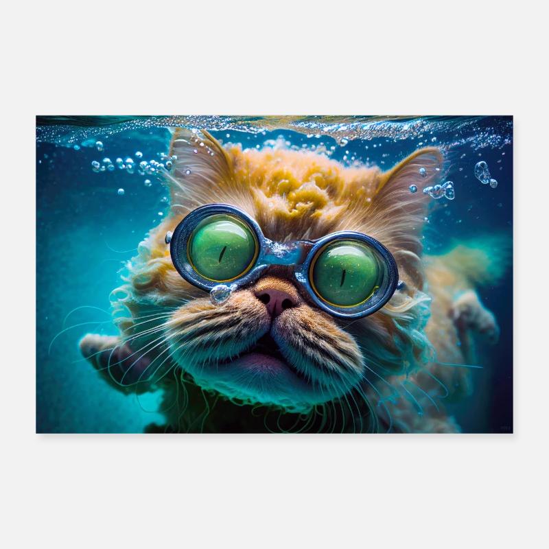 Hector le chat nageur à lunettes de plongée Poster 30 x 20 cm