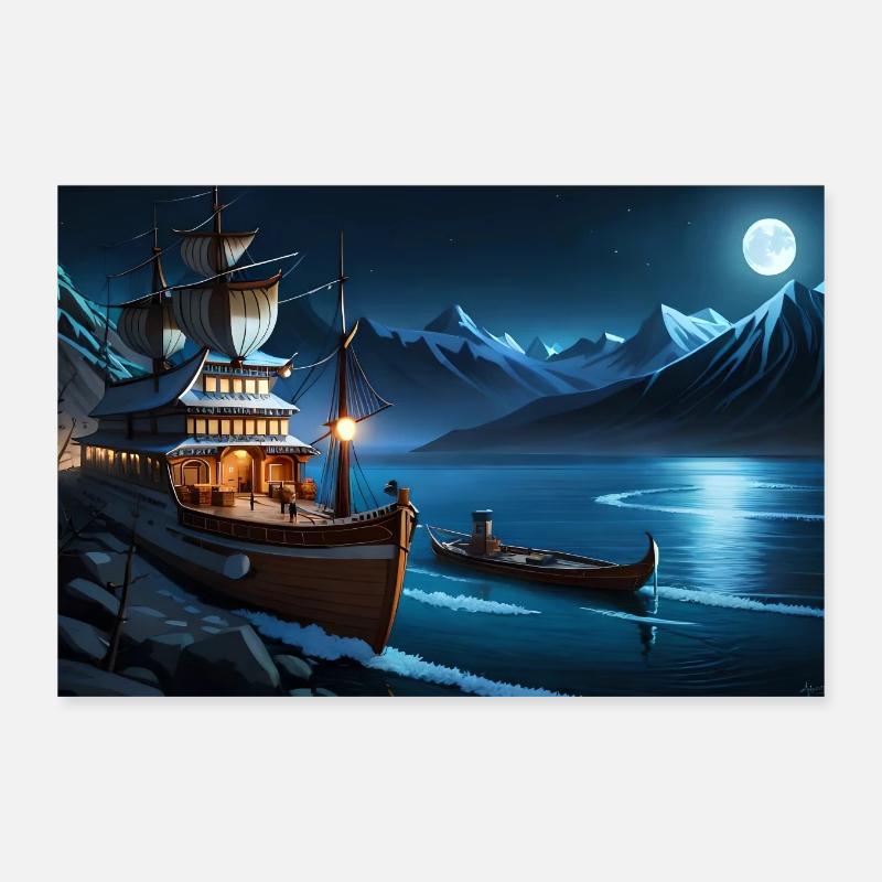 Fantastische Schiffe bei Nacht, Anime, Mond, Kälte, Boote Poster 30x20 cm