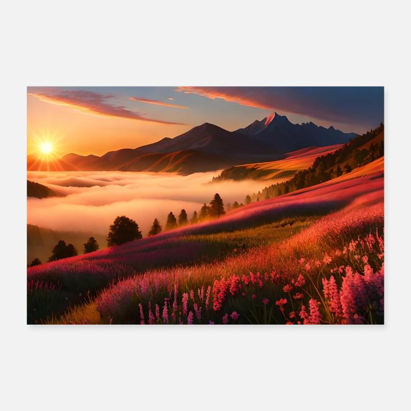 flowered hills at sunset Poster 12" x 8" (30x20 cm)