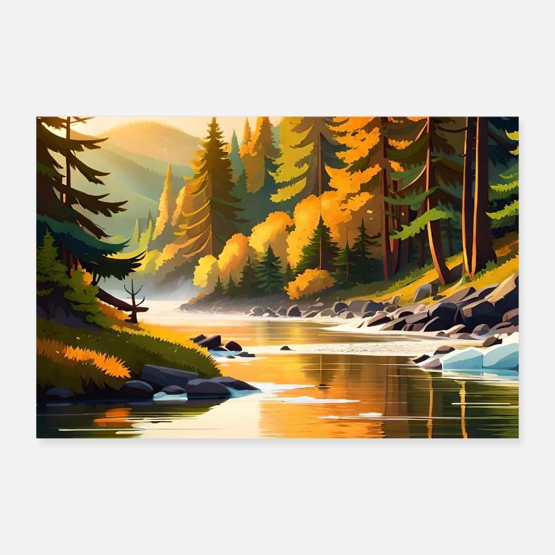 anime forest with pine trees by the river Poster 12" x 8" (30x20 cm)
