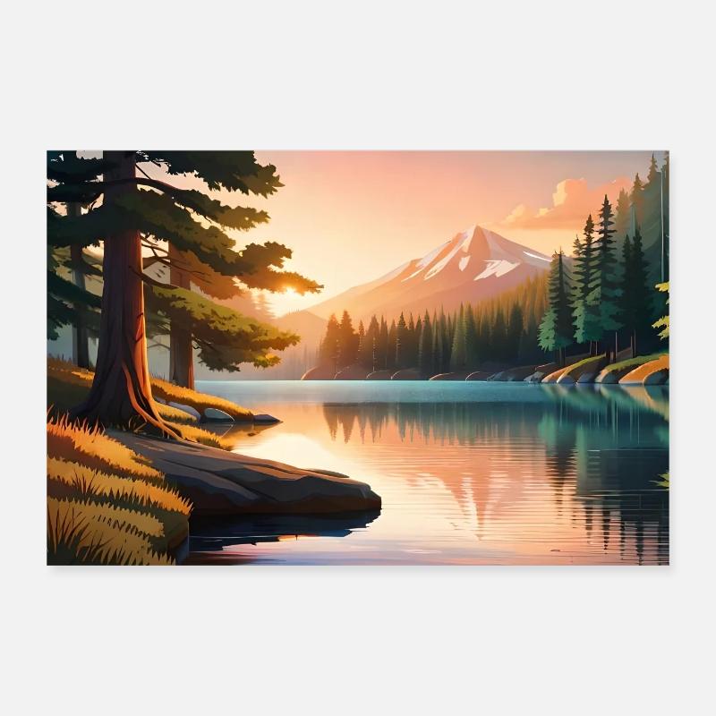 anime river between pines and mountains Poster 12" x 8" (30x20 cm)