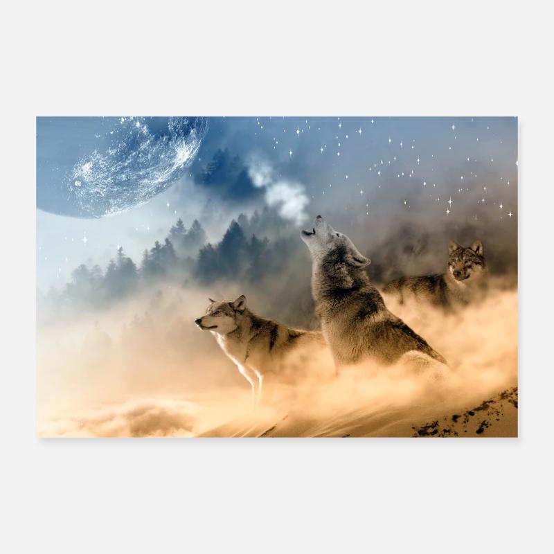 Wolves Howling At The Moon / Beautiful Wolves Poster 12" x 8" (30x20 cm)