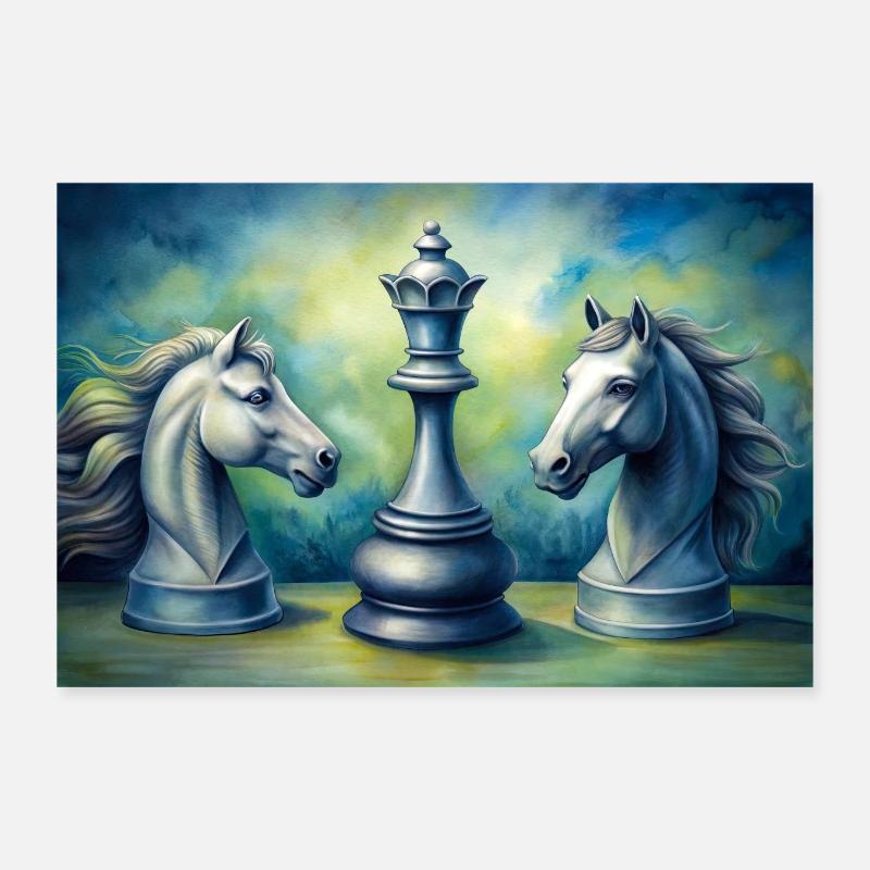 Schachgemälde mit zwei Pferden und einer Dame Poster 30x20 cm