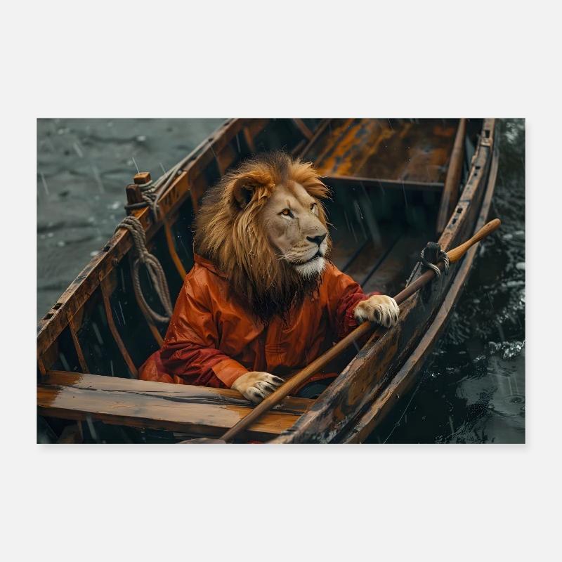 Leone su una vecchia barca nell'acqua - Poster 30x20 cm - bianco