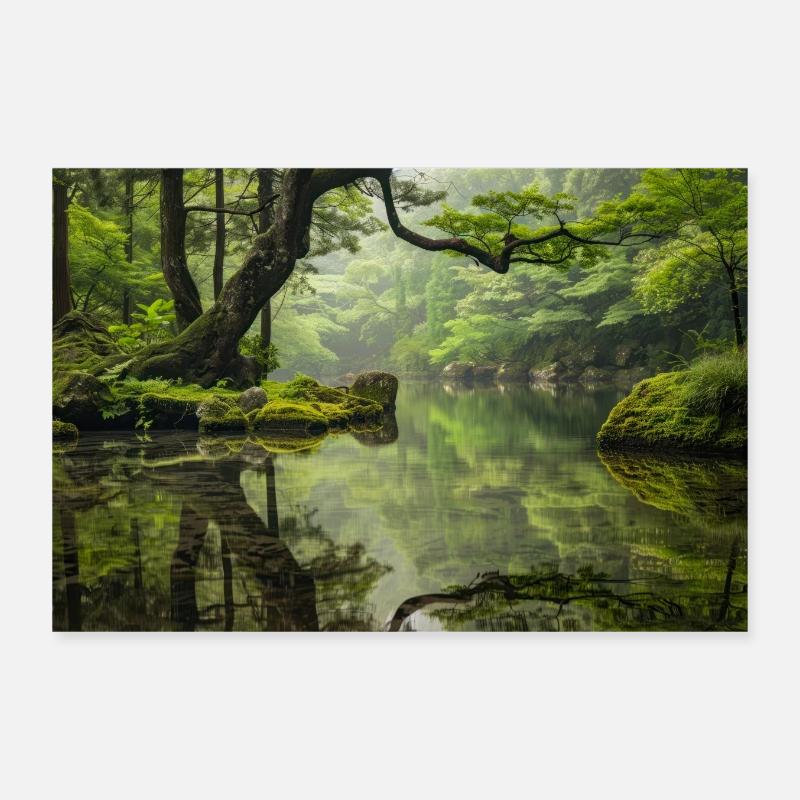 Étang forestier tranquille avec reflets - Poster 30 x 20 cm - blanc