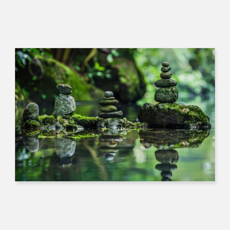 Zen Stone Stacks in Tranquil Forest Pond Poster 12" x 8" (30x20 cm)