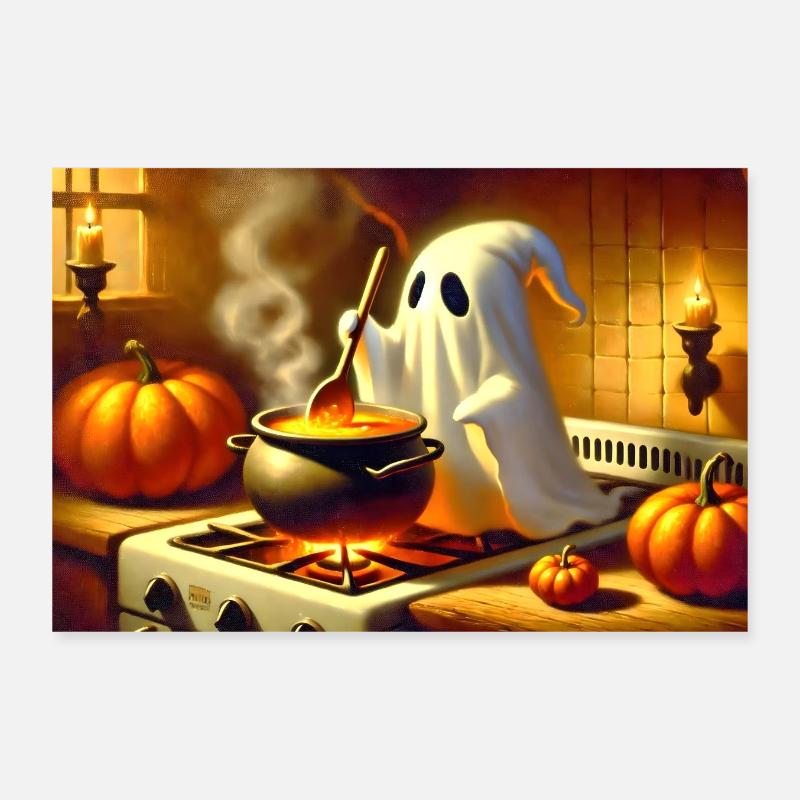 Ghost se tient devant la cuisinière et prépare de la soupe à la citrouille Poster 30 x 20 cm