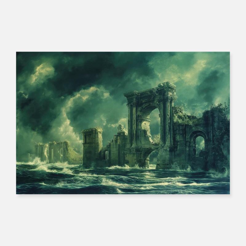 Ruinierte Landschaft Illustration Poster - Poster 30x20 cm - Weiß