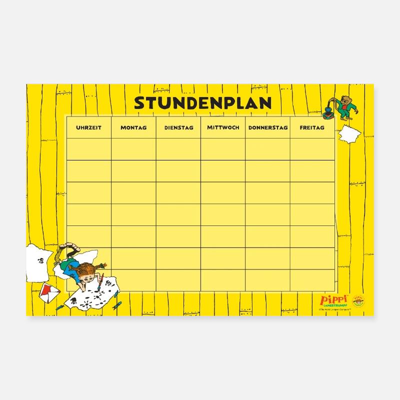 Pippi Langstrumpf Stundenplan Mit Malender Pippi - Poster 30x20 cm - Weiß
