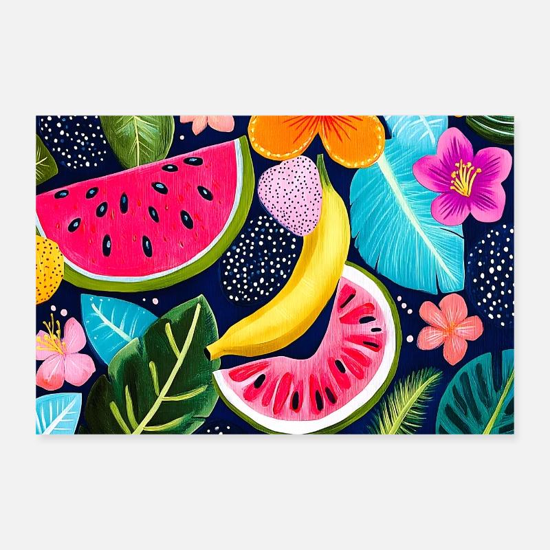 Exotic Fruits and Tropical Flowers Pattern Poster 12" x 8" (30x20 cm)