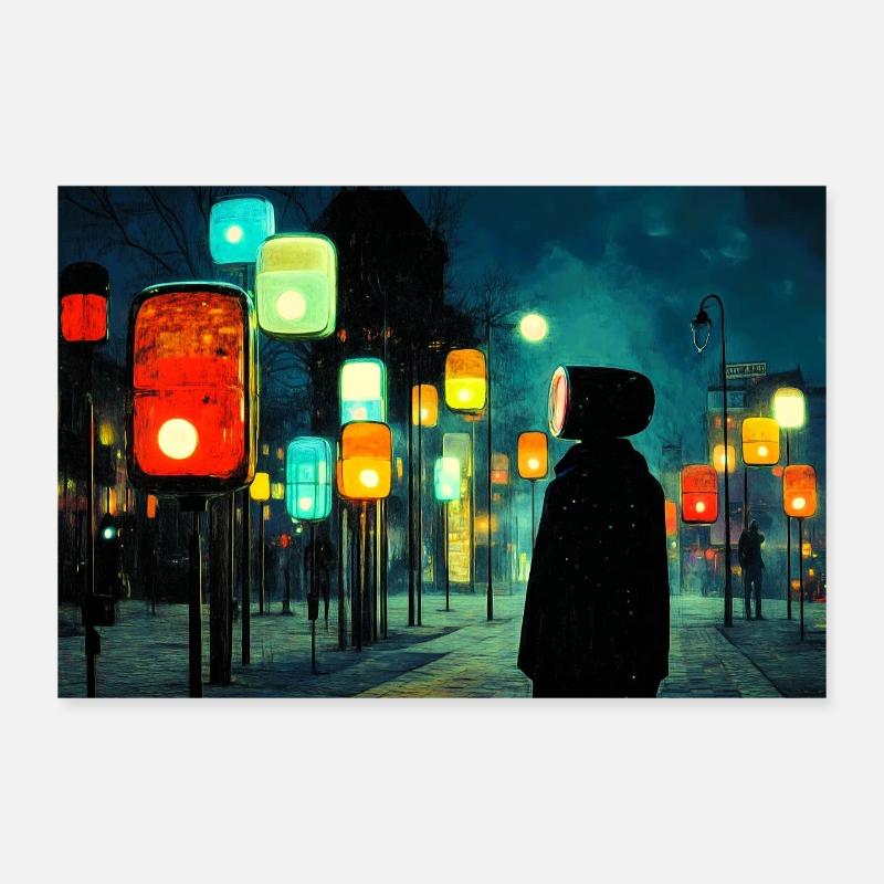 Night lamp path in neon light Ampelmännchen Poster 12" x 8" (30x20 cm)