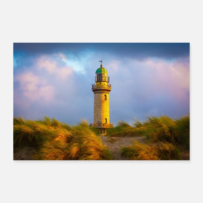 Leuchtturm Warnemünde am Abend - Poster 30x20 cm - Weiß