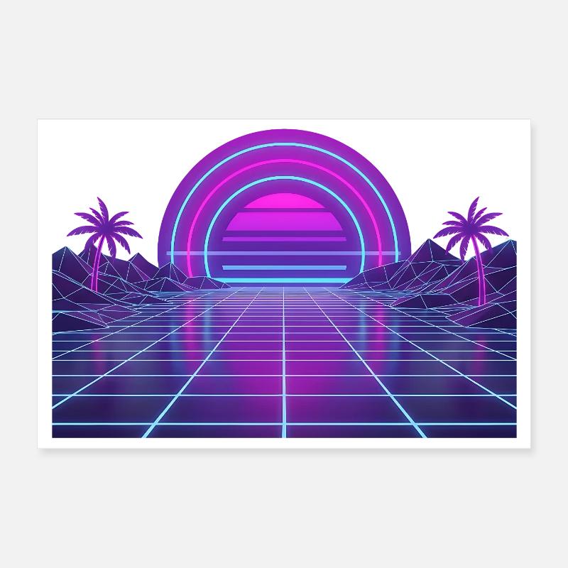 Retro Synthwave Sunset Neon Motif 80s Poster 12" x 8" (30x20 cm)
