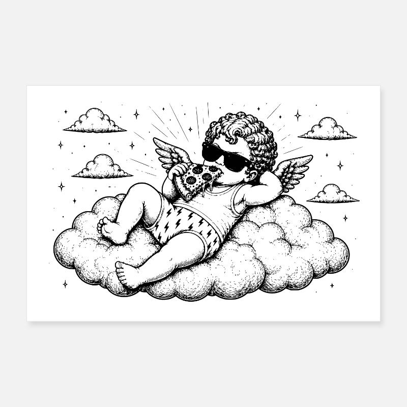 Un chérubin frissonne avec une pizza sur un nuage Poster 30 x 20 cm