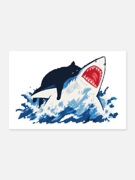 Chat Requin Humour océan  - Poster 30 x 20 cm - blanc - Devant