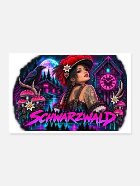 Schwarzwald Gothic Frau Mit Kuckucksuhr Und Raben - Poster 30x20 cm - Weiß - Vorne