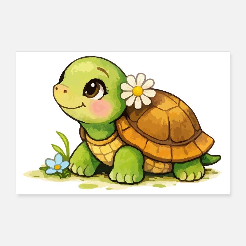 Turtle with Flower Cartoon Poster 12" x 8" (30x20 cm)