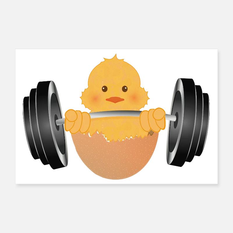 Bodybuilder Küken mit Hantel beim Training Poster 30x20 cm