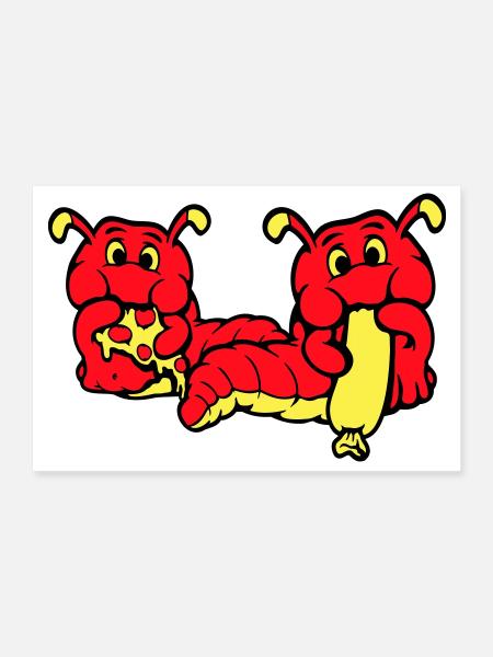 2 chenilles ver heureux manger pizza saucisse manger - Poster 30 x 20 cm - blanc - Devant
