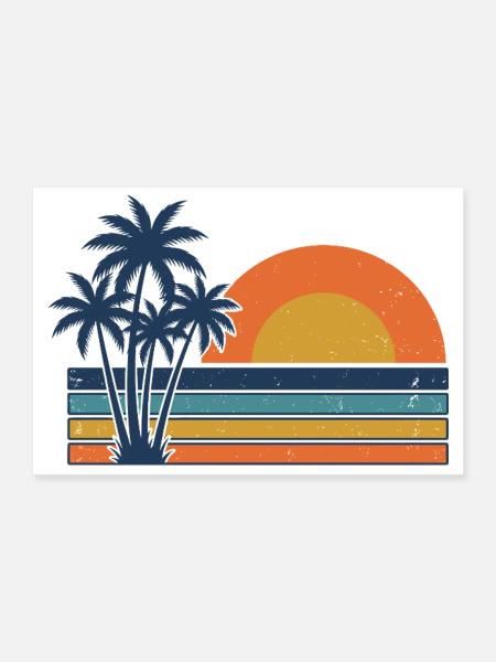 Plage d’été rétro avec des palmiers au coucher de soleil - Poster 30 x 20 cm - blanc - Devant