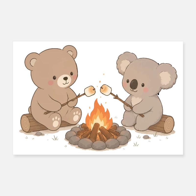 Bär und Koala am Lagerfeuer mit Marshmallows  Poster 30x20 cm