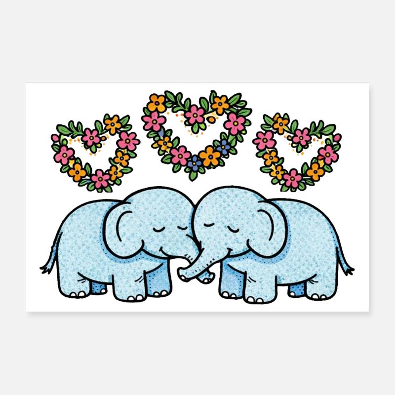 Duo Éléphant Cœurs Floraux Poster 30 x 20 cm