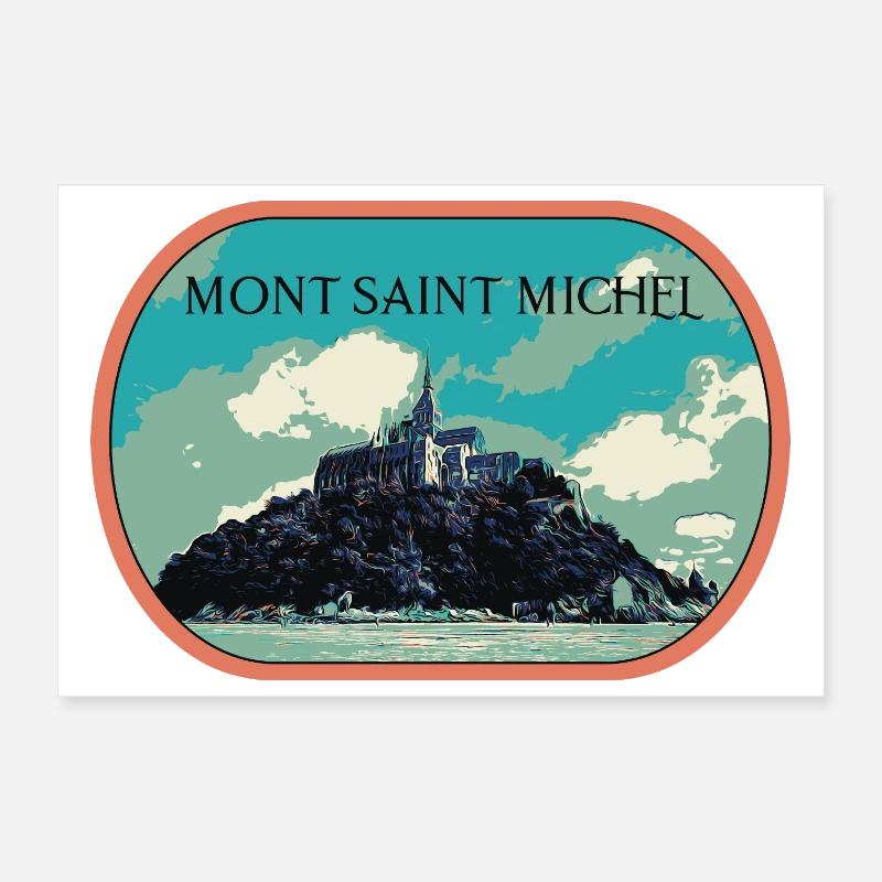 Illustration in blue and green of Mont Saint Michel Poster 12" x 8" (30x20 cm)