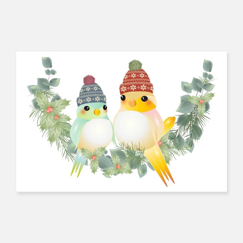 Two colorful birds with bobble hat for Christmas Poster 12" x 8" (30x20 cm)