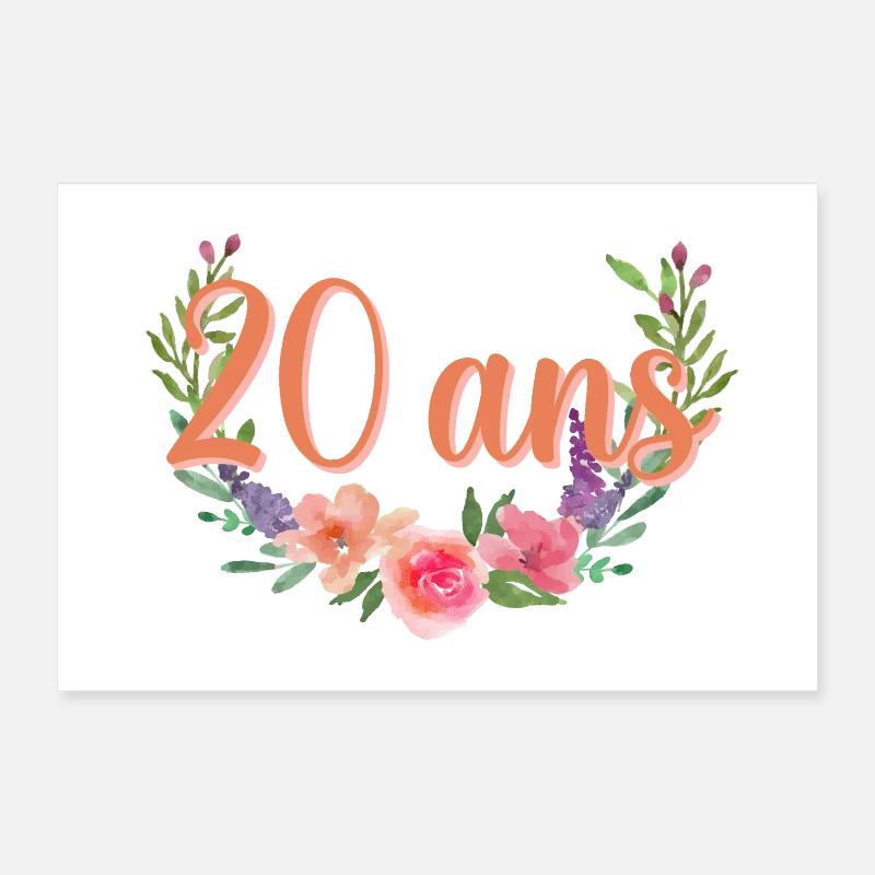 20 ans Floral Script Poster 30 x 20 cm