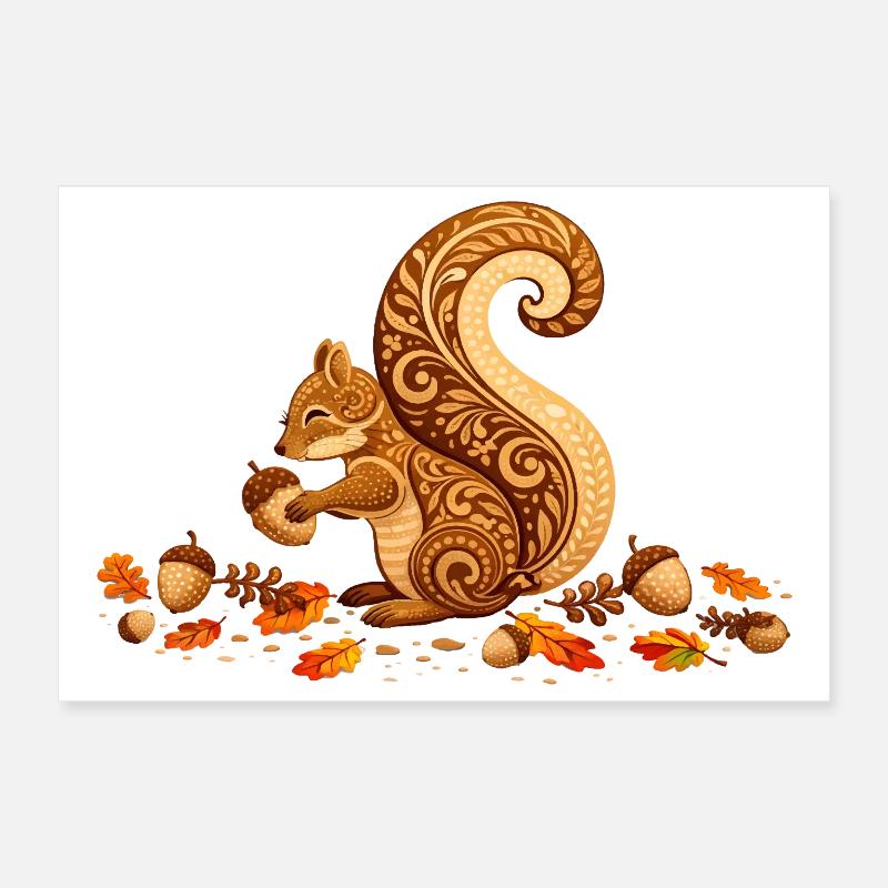 Stilisiertes Eichhörnchen mit Eichel im Herbst Poster 30x20 cm
