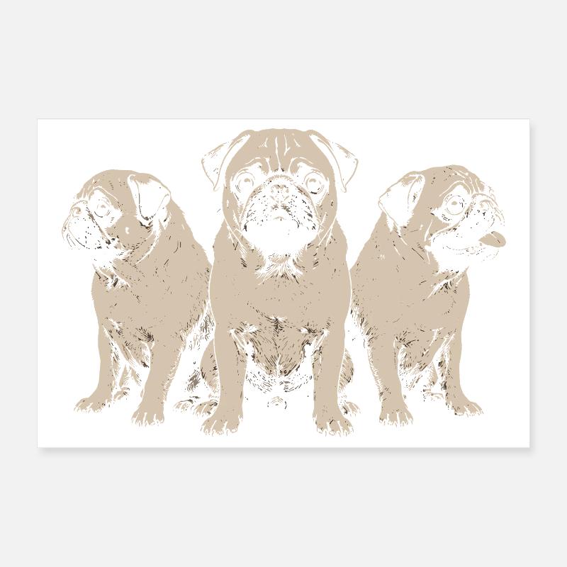 Three Pugs Retro Trio Poster 12" x 8" (30x20 cm)