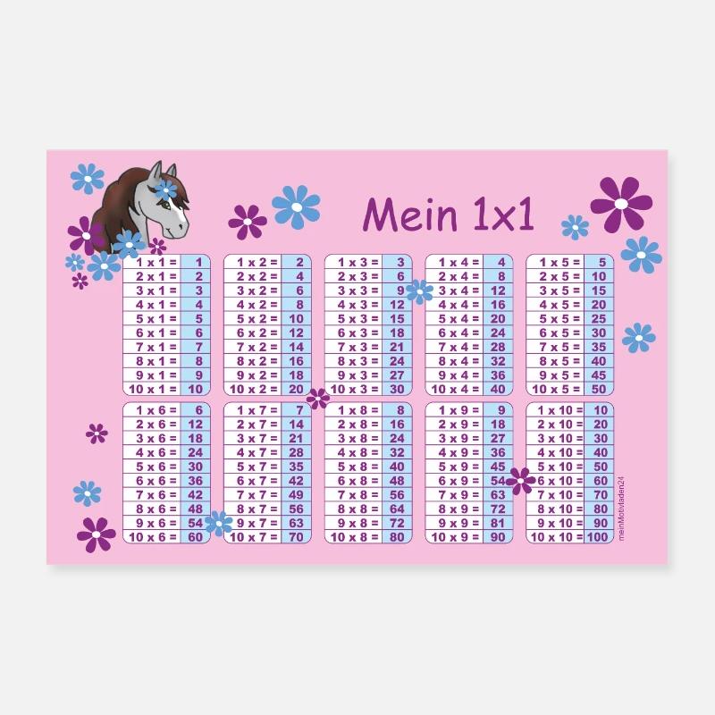 Affiche éducative 1x1 Poney avec des fleurs - Rose - Poster 30 x 20 cm - blanc