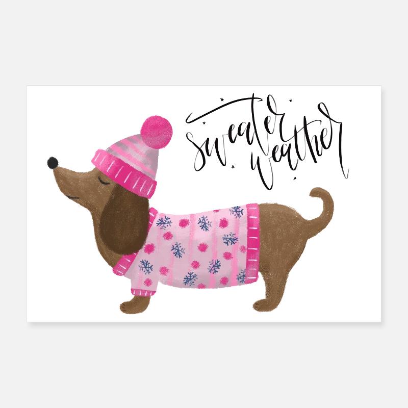 Teckel avec pull et chapeau Pull Météo rose Poster 30 x 20 cm