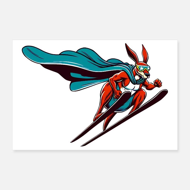 Skiing super bunny with cape and ski goggles Poster 12" x 8" (30x20 cm)
