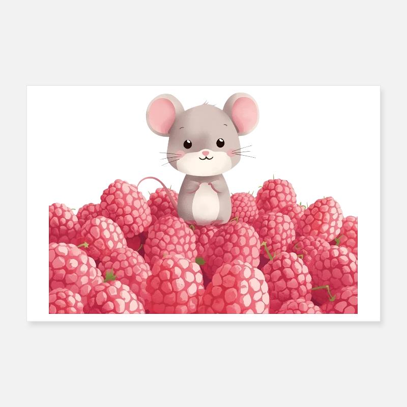 Cute mouse in raspberry field children's design Poster 12" x 8" (30x20 cm)