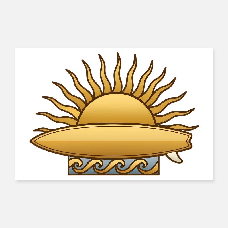 Soleil doré avec planche de surf et surfeur des vagues de mer Poster 30 x 20 cm