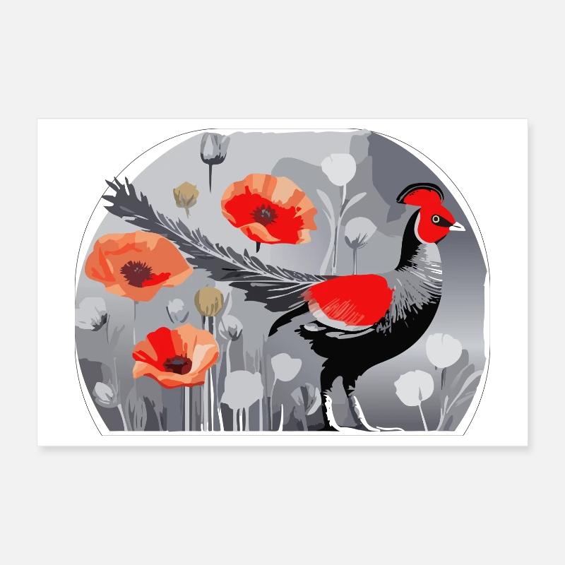 Illustration de faisan et coquelicots Poster 30 x 20 cm