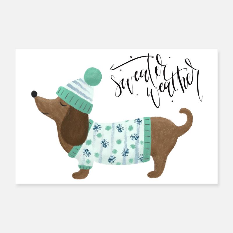 Teckel avec pull et chapeau - Sweater Weather Poster 30 x 20 cm