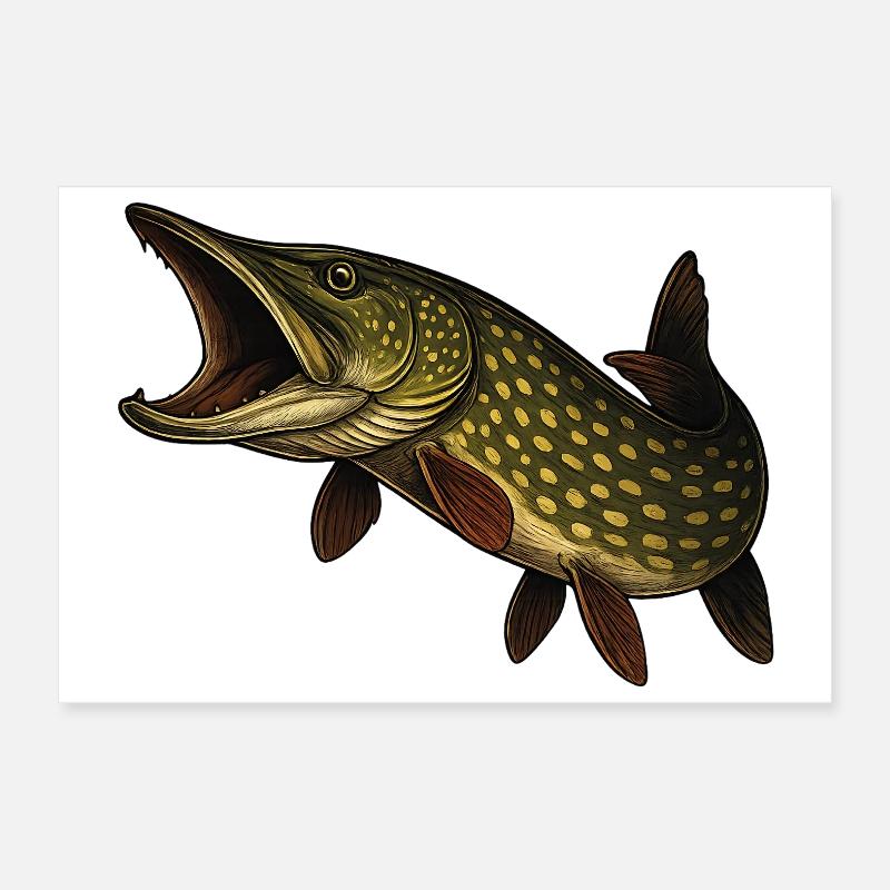 Dynamic Pike Fish Motif Poster 12" x 8" (30x20 cm)