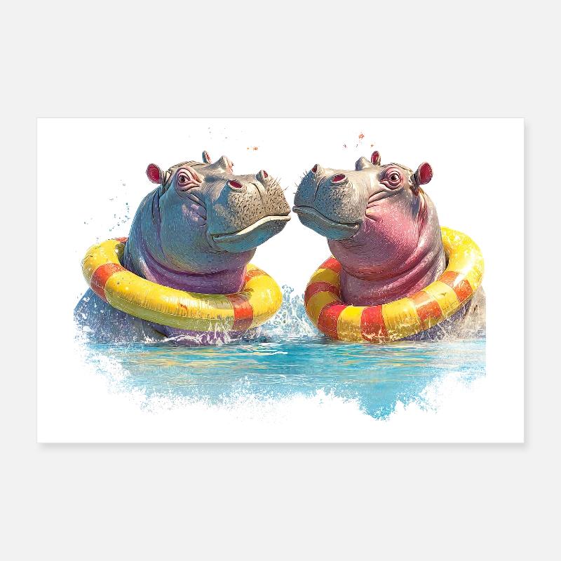 Double Hippo Bathing Fun Poster 12" x 8" (30x20 cm)