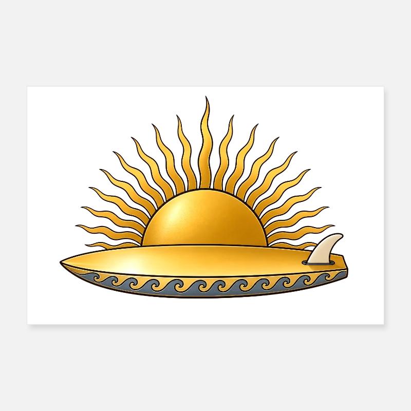 Soleil doré avec planche de surf et surfeur des vagues de mer Poster 30 x 20 cm
