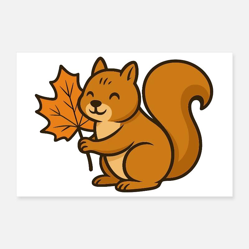 Niedliches Eichhörnchen mit Herbstblatt Cartoon Poster 30x20 cm