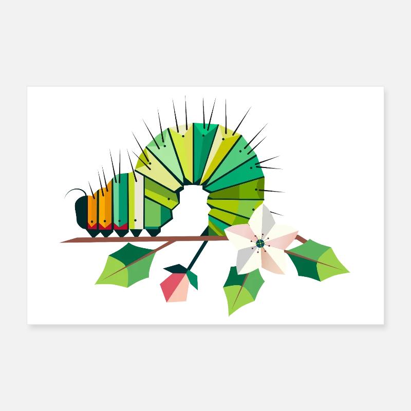 Chenille dans des tons verts vifs sur une branche de fleur Poster 30 x 20 cm