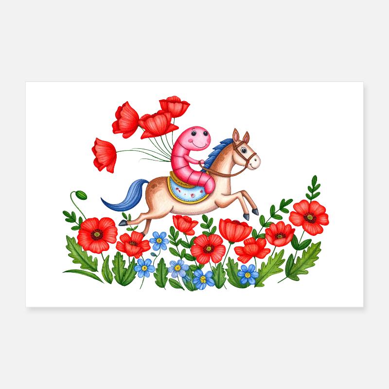 Ein Regenwurm auf einem Pferd in einem Mohnfeld Poster 30x20 cm