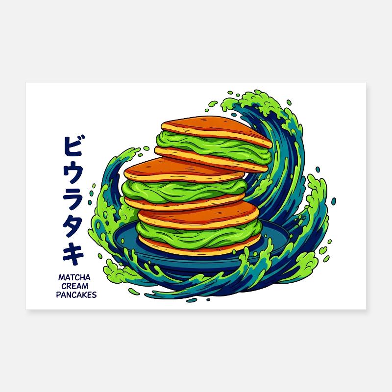 Lebendige Matcha-Pfannkuchen mit Japanese Wave Poster 30x20 cm