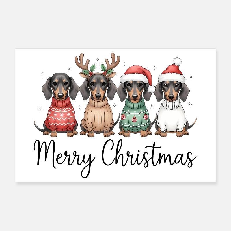 Vier Dackel, Dachshunde in Weihnachtspullover Poster 30x20 cm