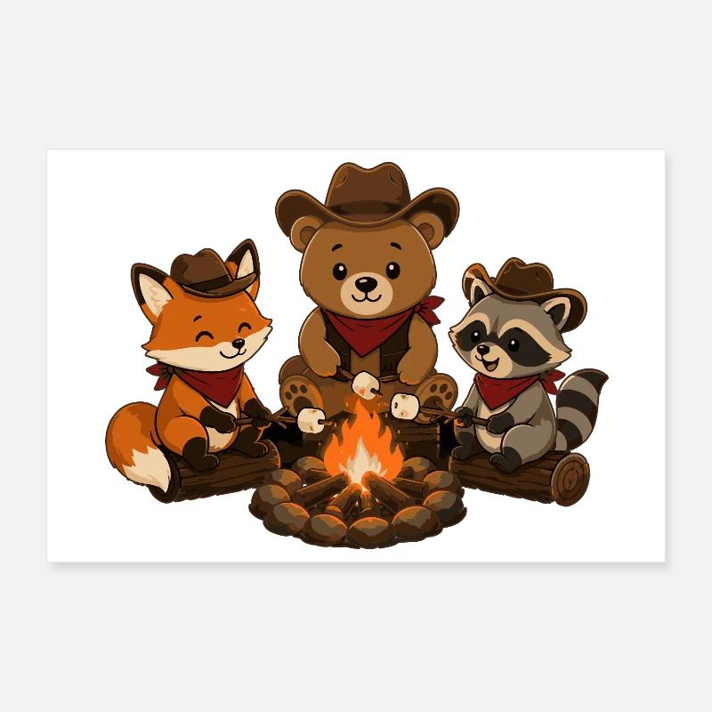 Camping Tiere am Lagerfeuer mit Marshmallows  Poster 30x20 cm